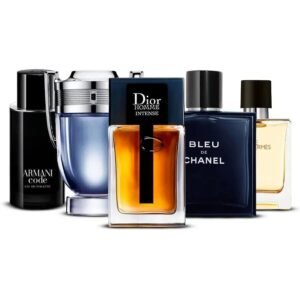 Set di 5 profumi da 100 ml: Dior Homme Intense, Paco Rabanne Invictus, Bleu de Chanel, Terre d’Hermès e Armani Code – Uomo.